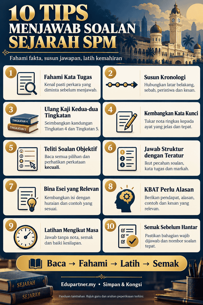 Infografik 10 tips menjawab soalan Sejarah SPM, merangkumi kata tugas, kronologi, fakta, esei, KBAT dan pengurusan masa.