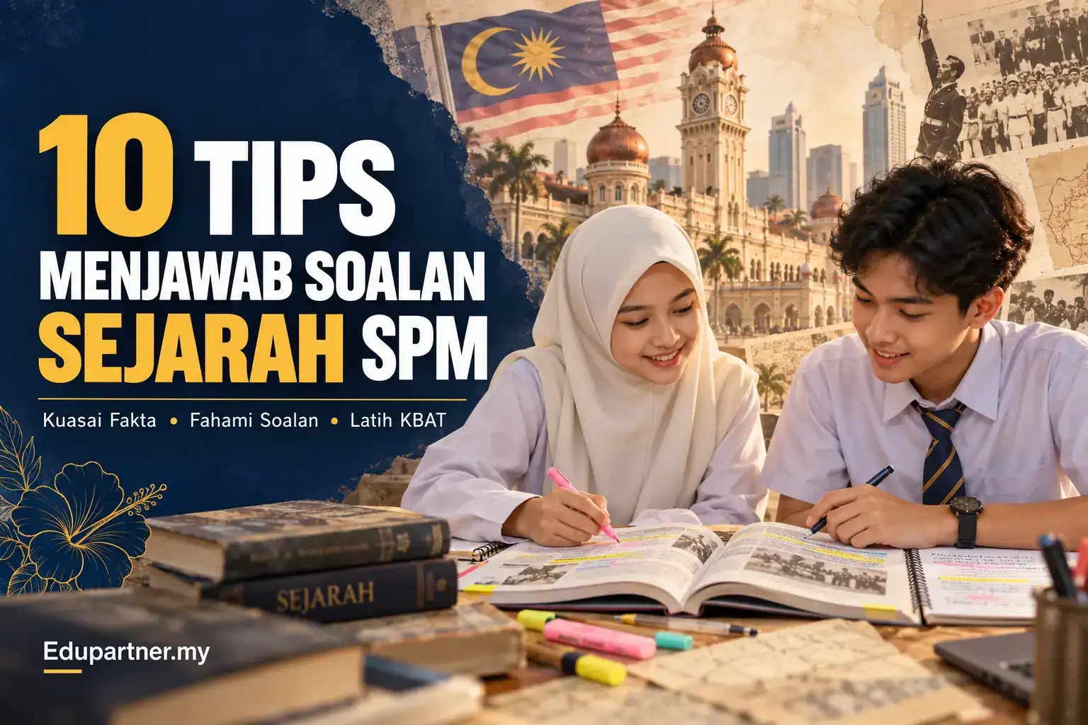 Students studying history for SPM exam with books and notes in a classroom setting.
