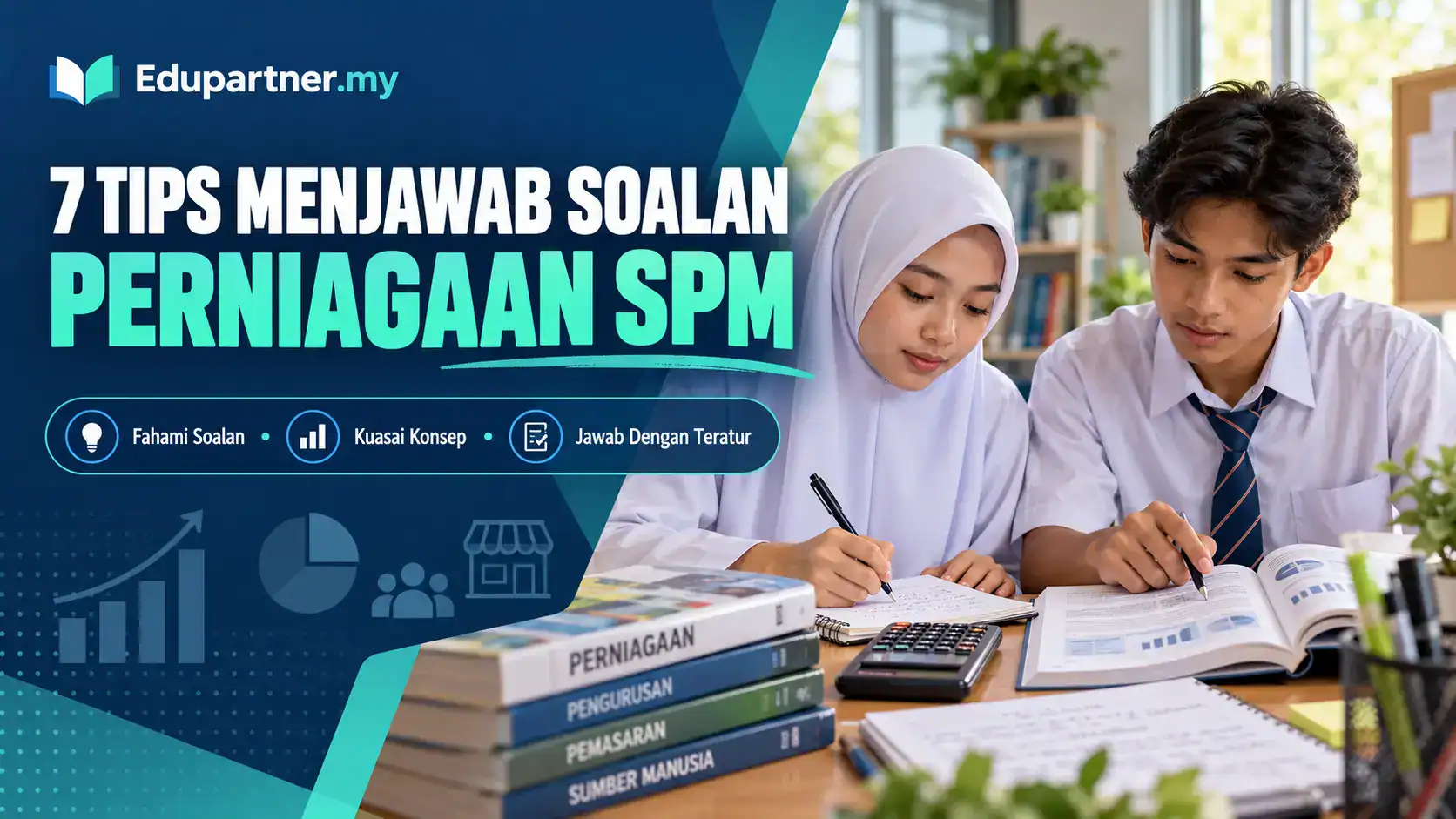 Students studying business questions for SPM exam with books and notes.