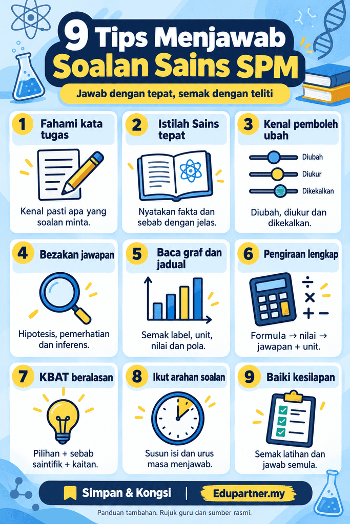 Infografik 9 tips menjawab soalan Sains SPM merangkumi konsep, eksperimen, graf, pengiraan dan KBAT.