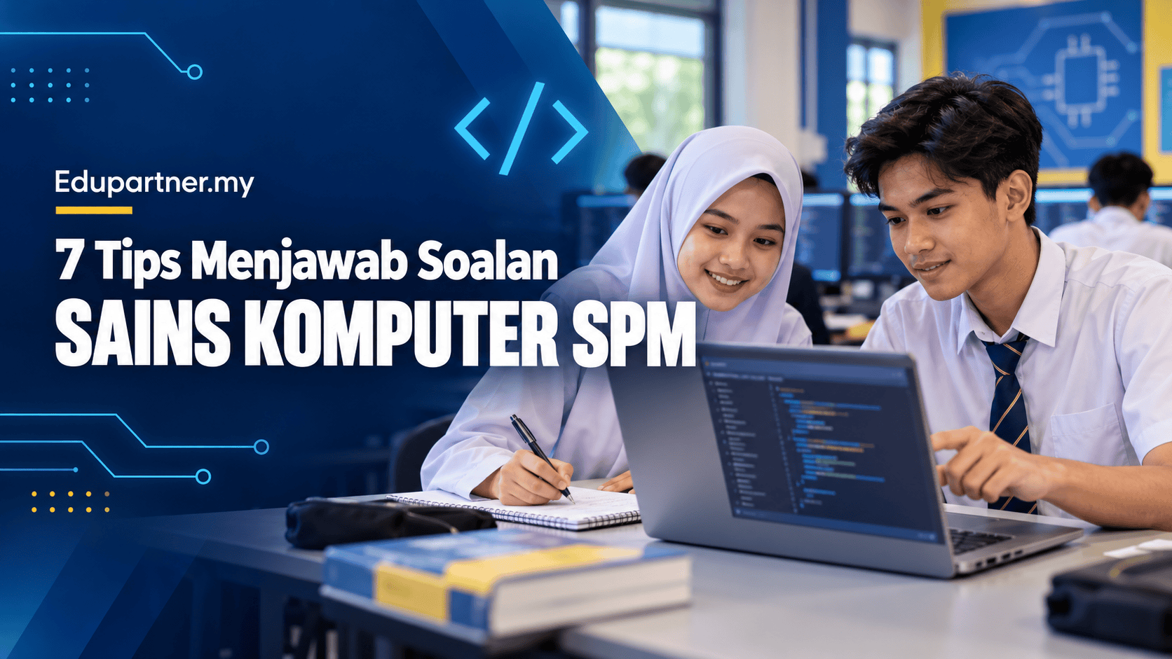 Students studying computer science for SPM exam with laptop and notes.