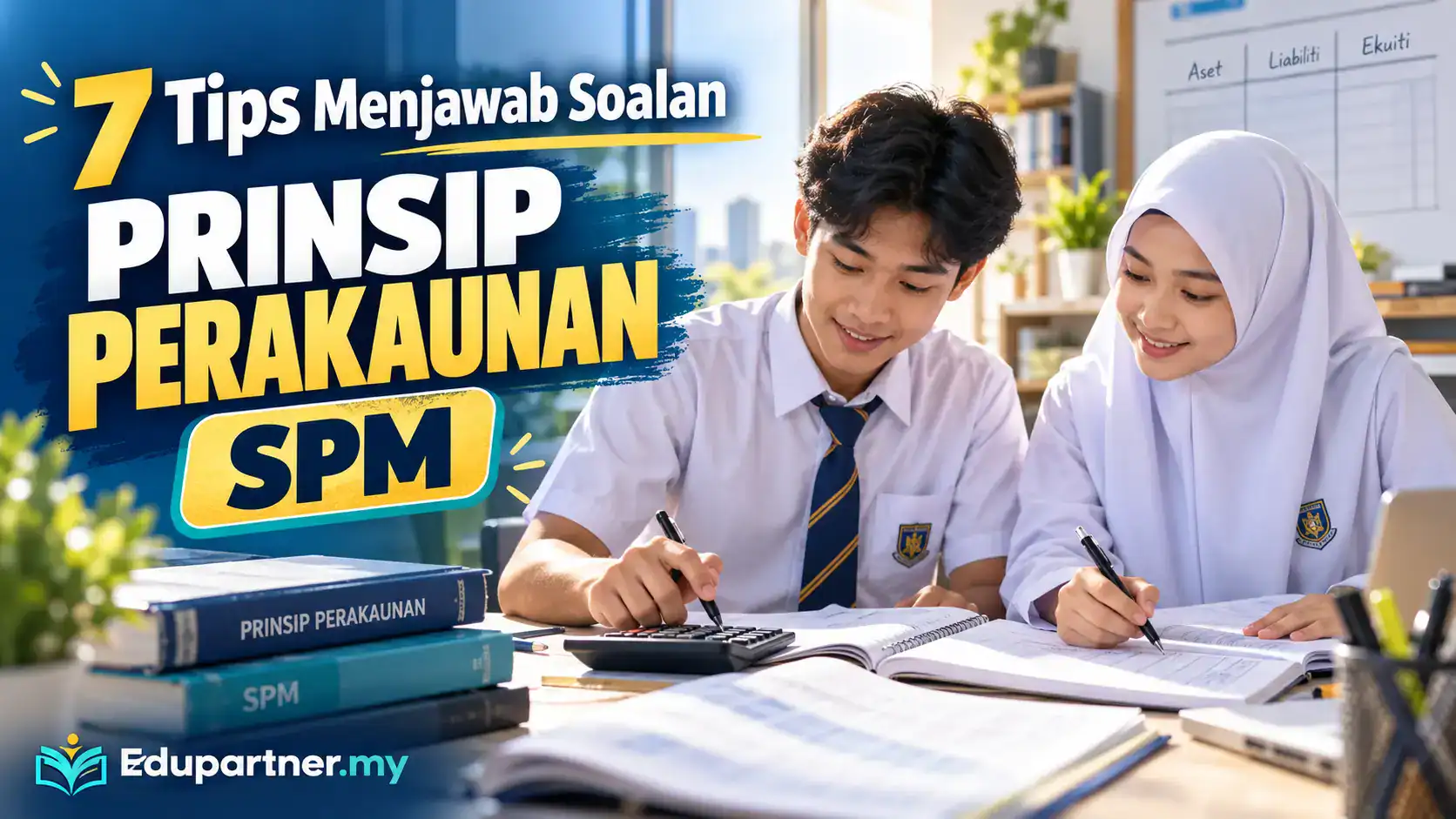 Students studying accounting principles for SPM exam preparation.