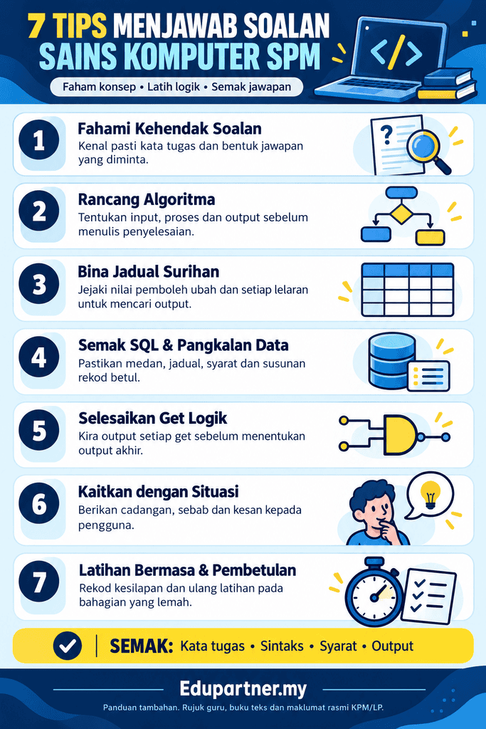 Infografik 7 tips menjawab soalan Sains Komputer SPM merangkumi algoritma, jadual surihan, SQL, get logik dan latihan bermasa.