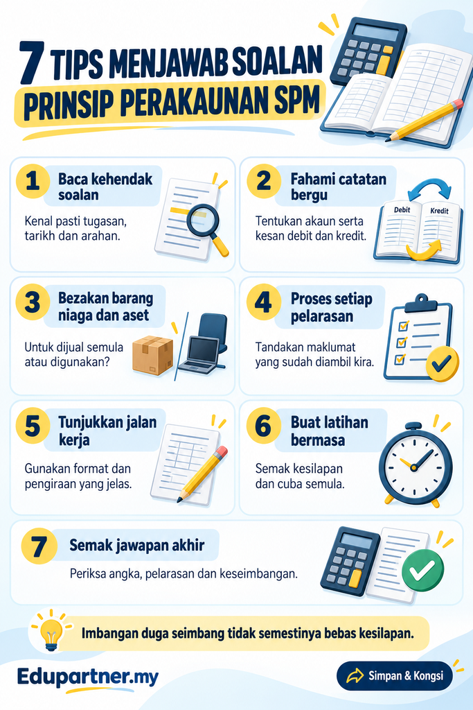 Infografik 7 tips menjawab soalan Prinsip Perakaunan SPM, daripada memahami soalan dan catatan bergu hingga menyemak jawapan akhir.