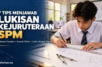 Student practicing engineering drawing for SPM exam success.