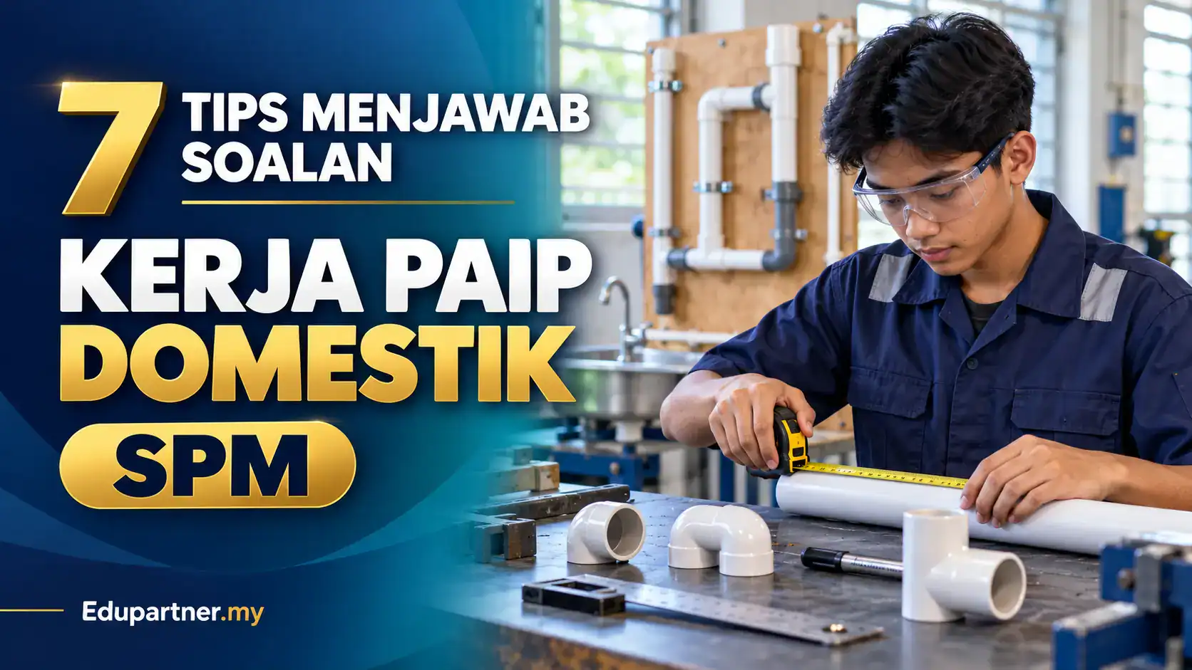 Seorang pelajar memegang alat pengukur untuk kerja paip domestik SPM.