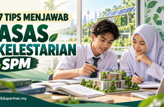 Students studying environmental sustainability for SPM exam preparation.