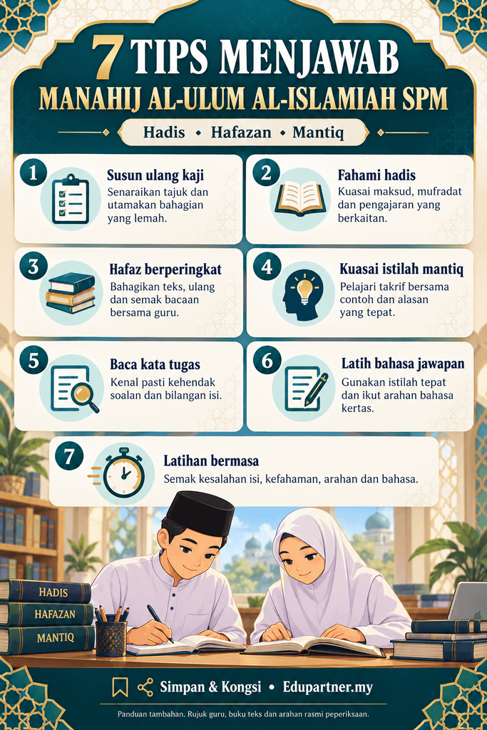 Infografik 7 tips menjawab Manahij Al-Ulum Al-Islamiah SPM meliputi hadis, hafazan, mantiq dan latihan peperiksaan.