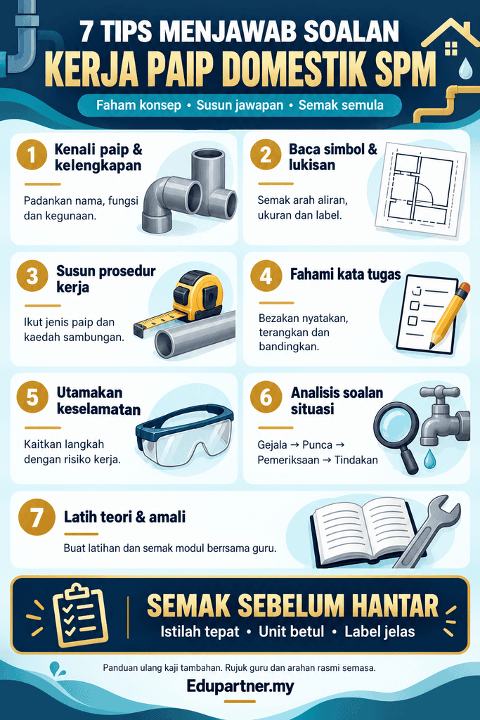 Infografik 7 tips menjawab soalan Kerja Paip Domestik SPM merangkumi kelengkapan, lukisan, prosedur, kata tugas, keselamatan, analisis situasi dan latihan amali.
