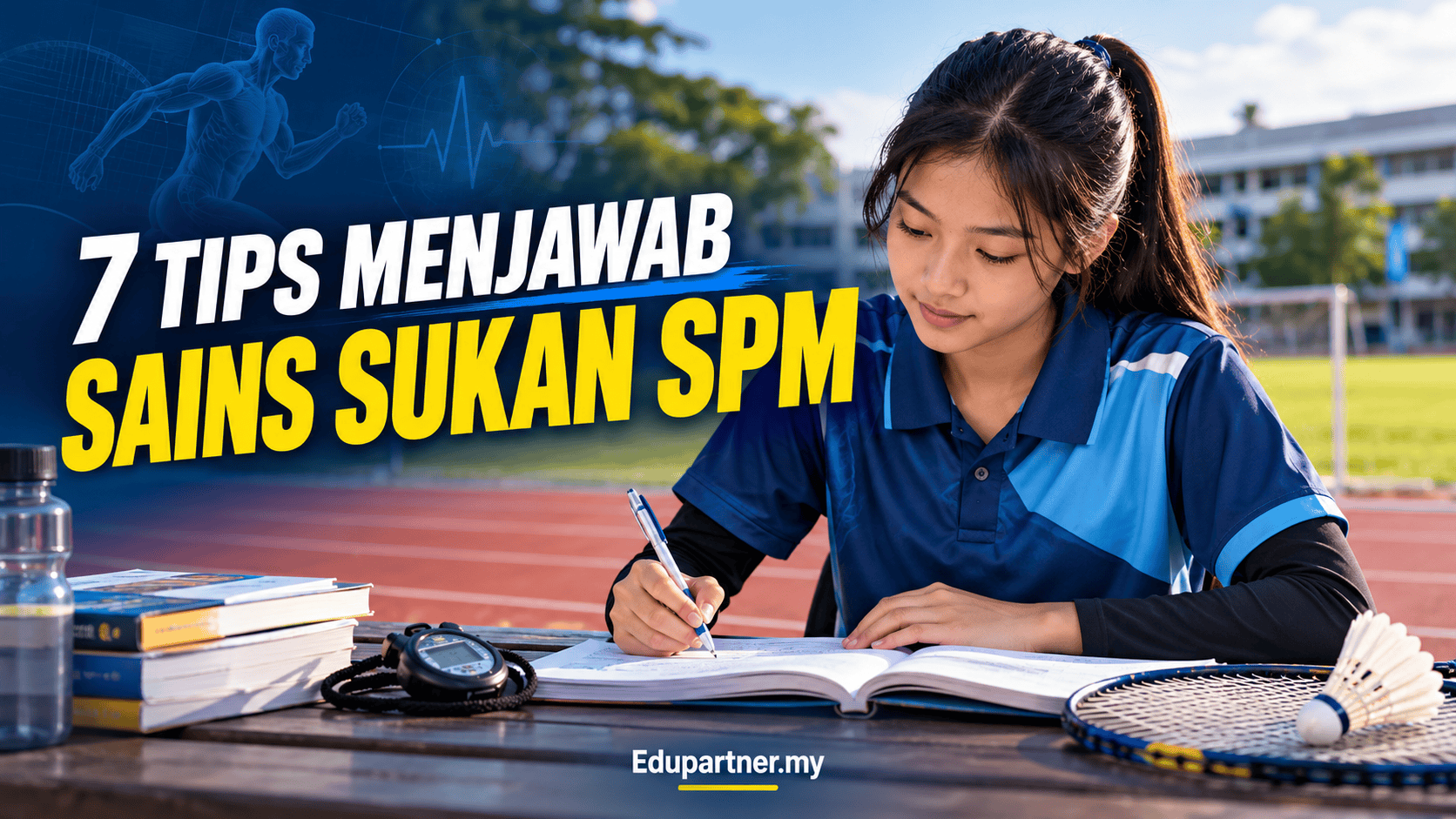 Girl studying outdoors for Sains Sukan SPM exam with notes and sports equipment.