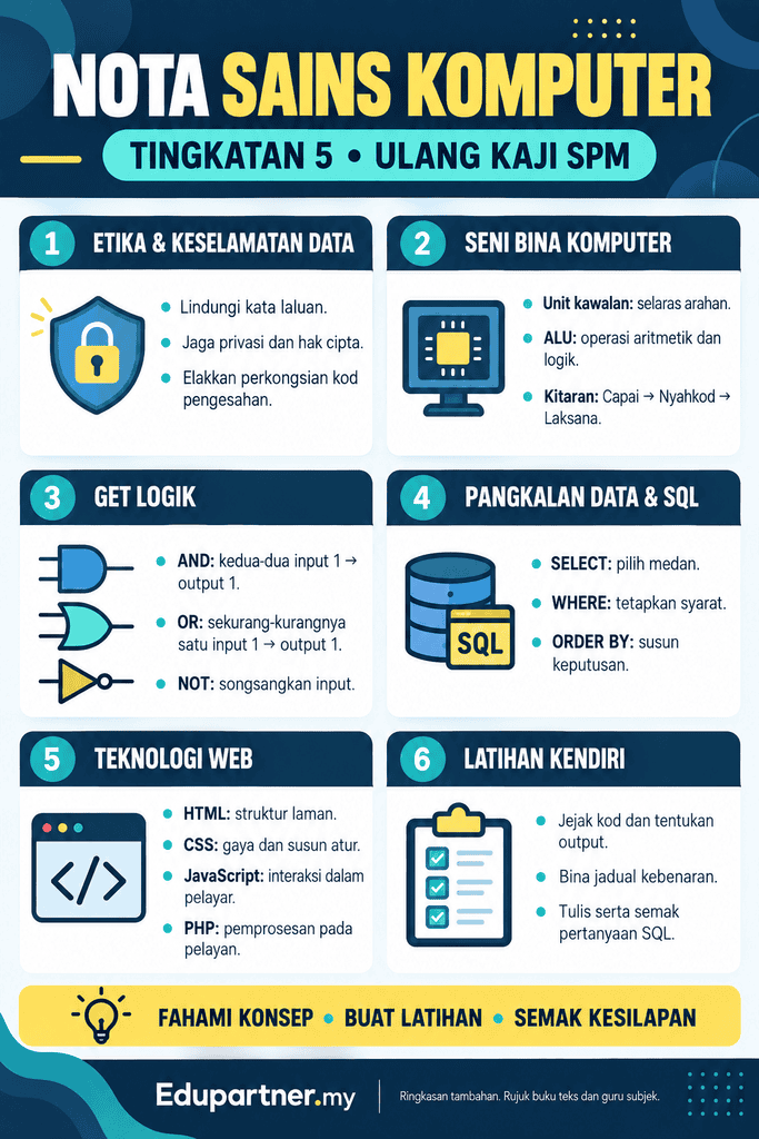 Infografik nota Sains Komputer Tingkatan 5 merangkumi keselamatan data, seni bina komputer, get logik, SQL, teknologi web dan latihan kendiri.