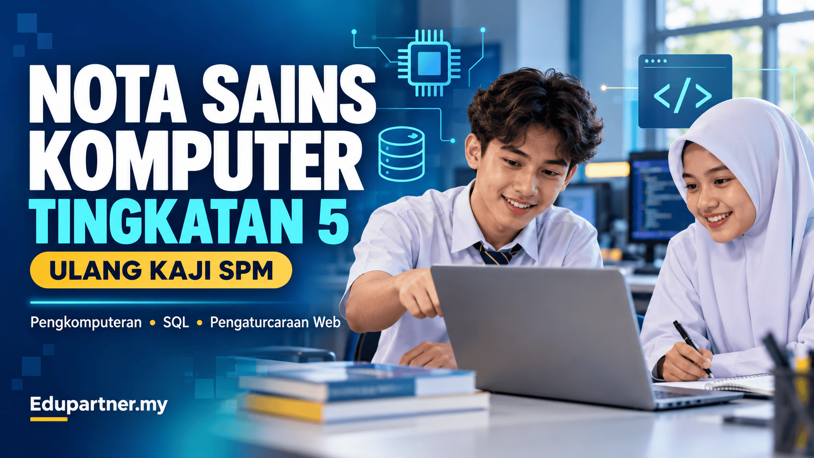Students studying computer science for SPM exam preparation.