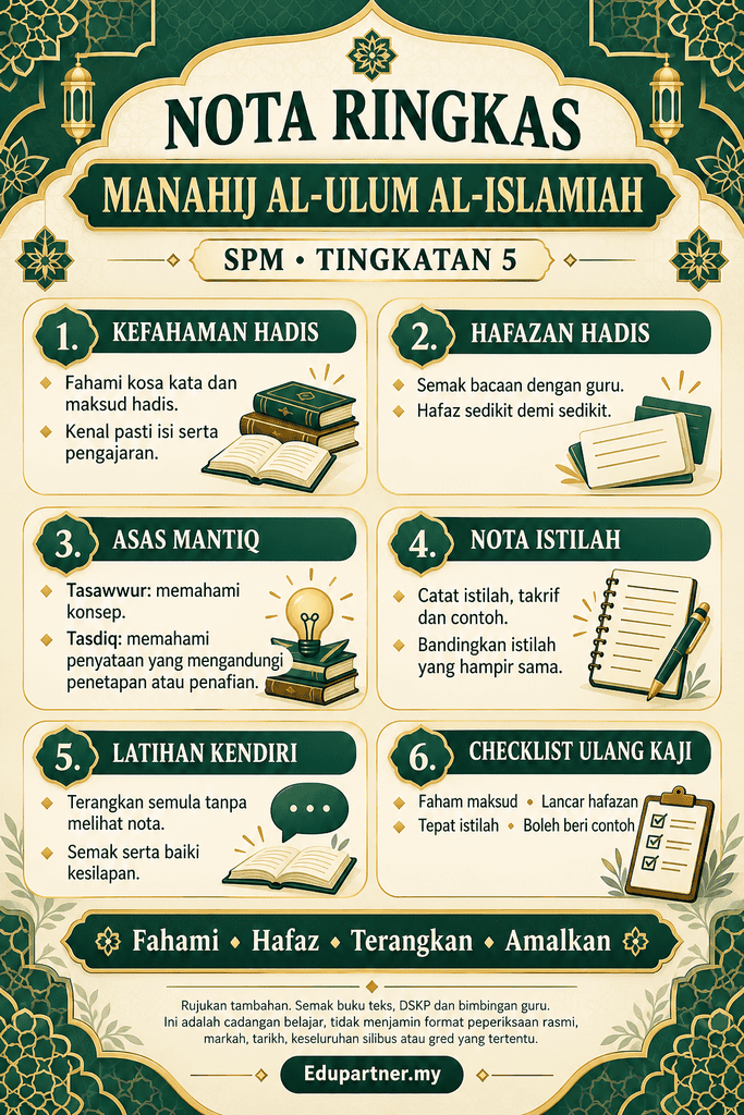 Infografik nota Manahij Al-Ulum Al-Islamiah SPM Tingkatan 5: kefahaman hadis, hafazan, asas Mantiq dan checklist ulang kaji.