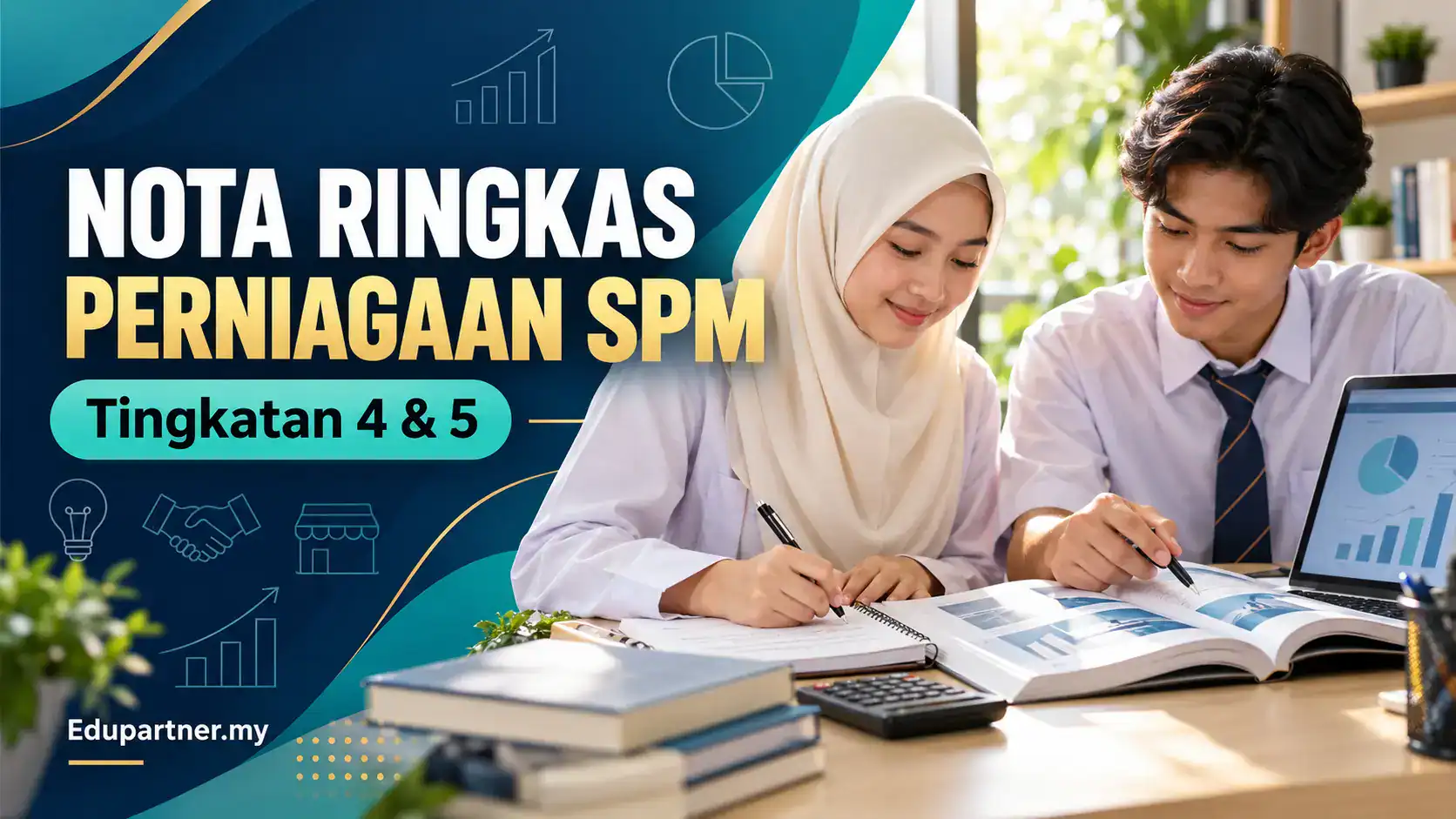 Students studying business notes for SPM Tingkatan 4 & 5 exam preparation.