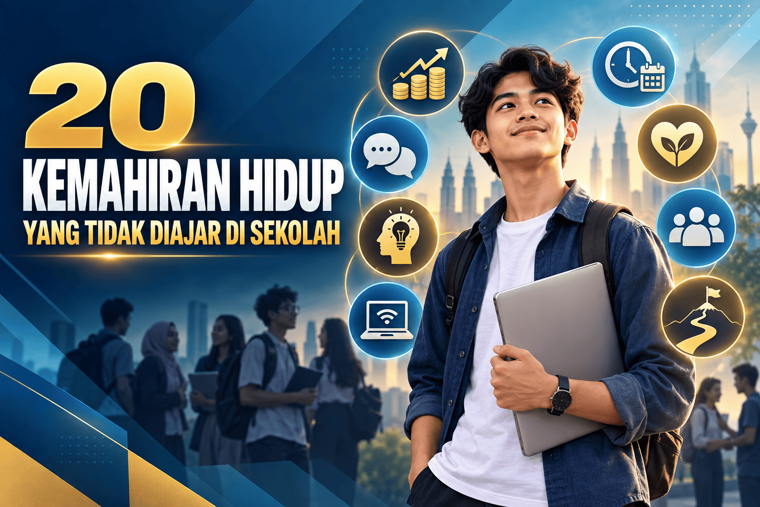 Young student with backpack and laptop, surrounded by icons of life skills.