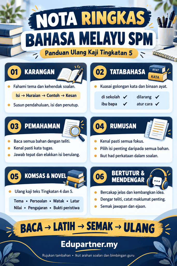 Infografik nota ringkas Bahasa Melayu SPM Tingkatan 5: karangan, tatabahasa, pemahaman, rumusan, KOMSAS, bertutur dan mendengar.