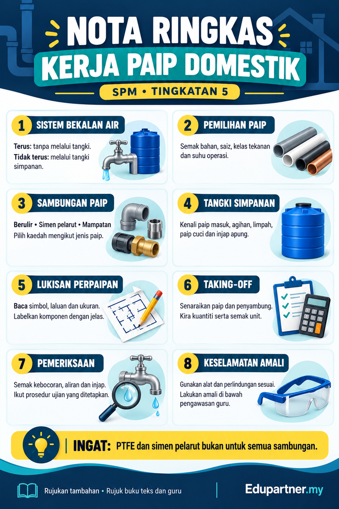 Infografik nota ringkas Kerja Paip Domestik SPM Tingkatan 5 merangkumi sistem air, sambungan paip, tangki, lukisan, taking-off dan keselamatan amali.