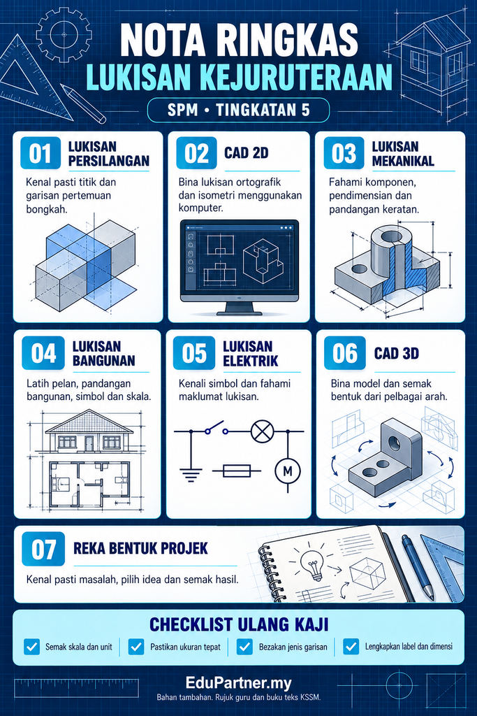 Infografik nota ringkas Lukisan Kejuruteraan SPM Tingkatan 5 dengan tujuh topik utama dan checklist ulang kaji.