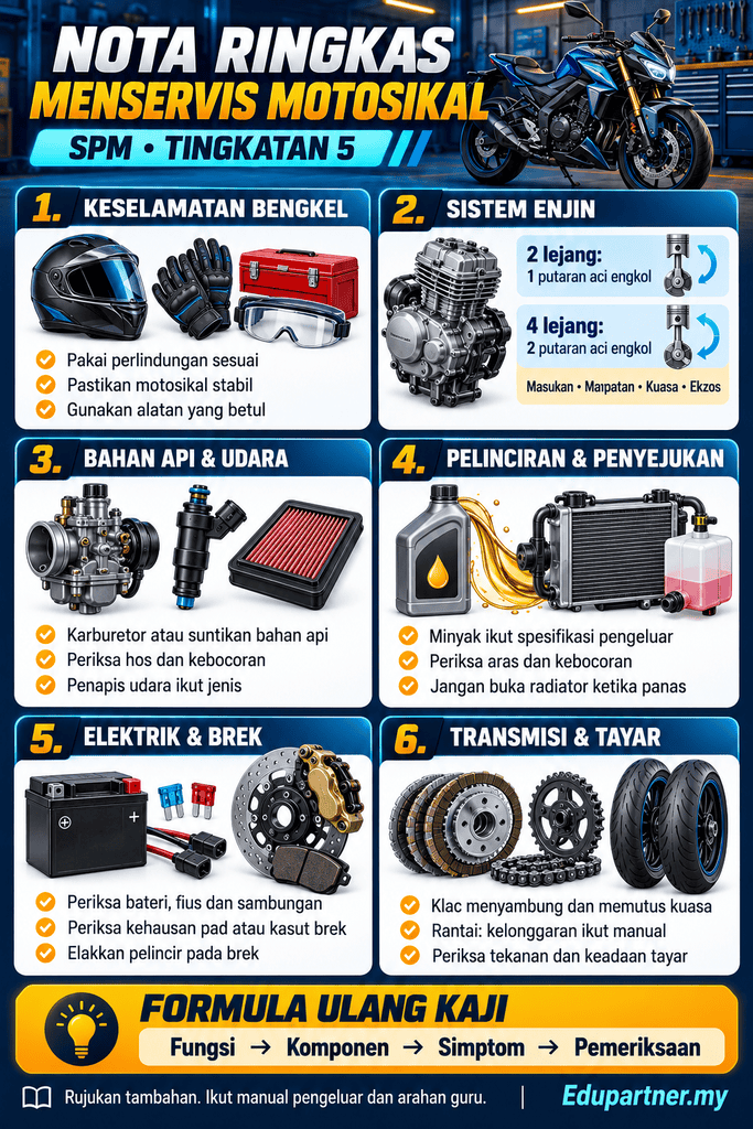 Infografik nota ringkas Menservis Motosikal SPM Tingkatan 5 merangkumi keselamatan bengkel dan sistem motosikal.