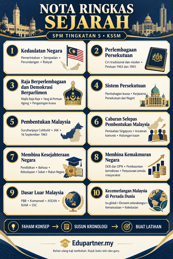 Infografik nota ringkas Sejarah SPM Tingkatan 5 KSSM merangkumi kata kunci utama Bab 1 hingga Bab 10.
