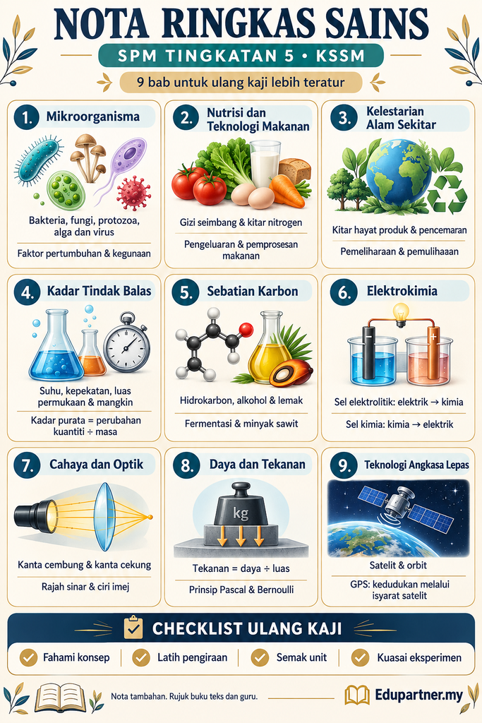 Infografik nota ringkas Sains SPM Tingkatan 5 KSSM merangkumi sembilan bab dan checklist ulang kaji.