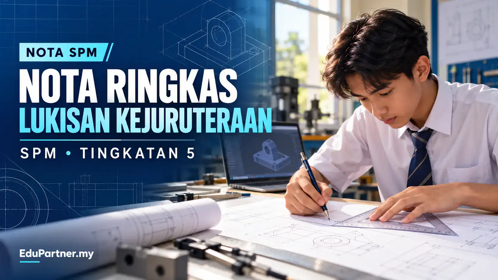 Student drawing engineering sketches for SPM Tingkatan 5 exam preparation.