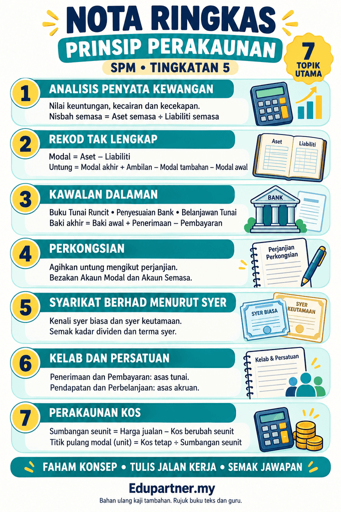 Infografik nota ringkas Prinsip Perakaunan SPM Tingkatan 5 merangkumi tujuh topik utama dan formula asas.