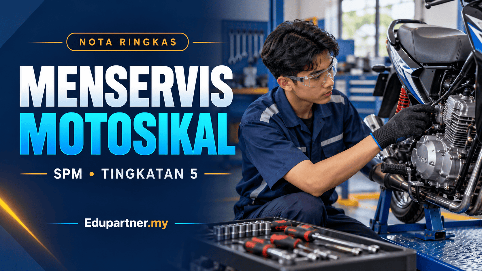 Young technician inspecting motorcycle engine in workshop.