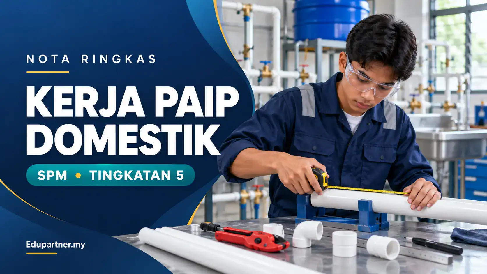 Young man working on domestic piping project with tools and pipes.