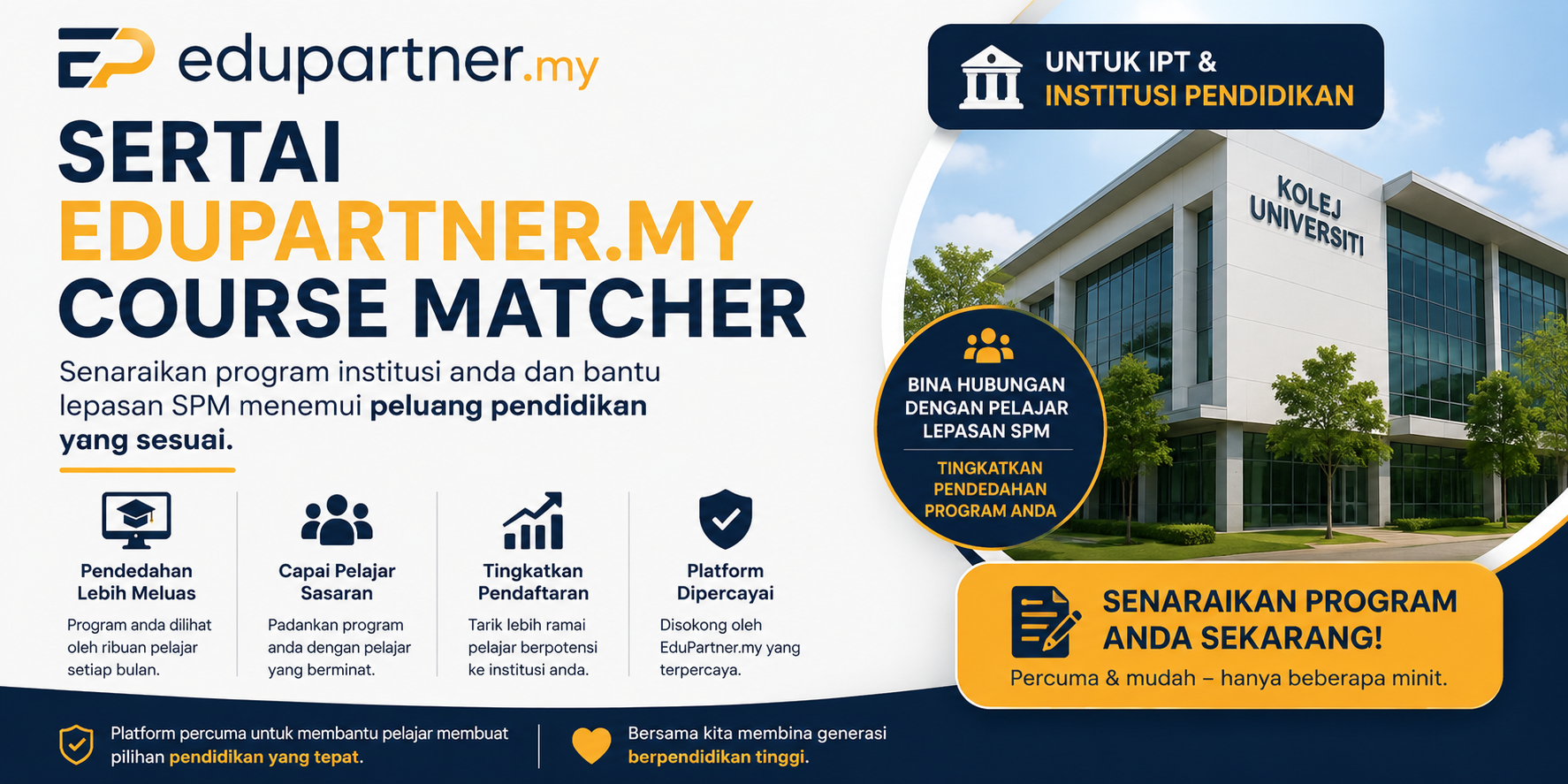 Sertai rangkaian institusi dalam EduPartner Course Matcher hari ini dan bantu lebih ramai pelajar menemui program yang sesuai dengan kelayakan mereka. Pendaftaran adalah percuma.