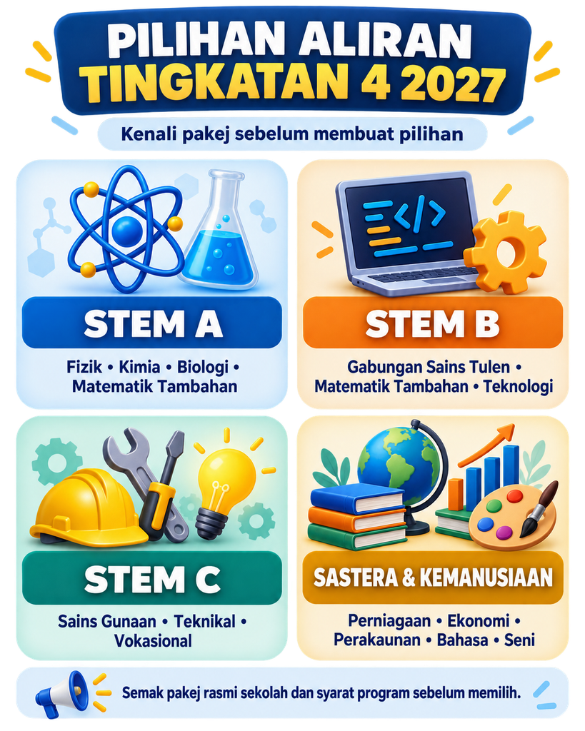 Infografik pilihan aliran Tingkatan 4 2027 STEM A STEM B STEM C dan Sastera Kemanusiaan