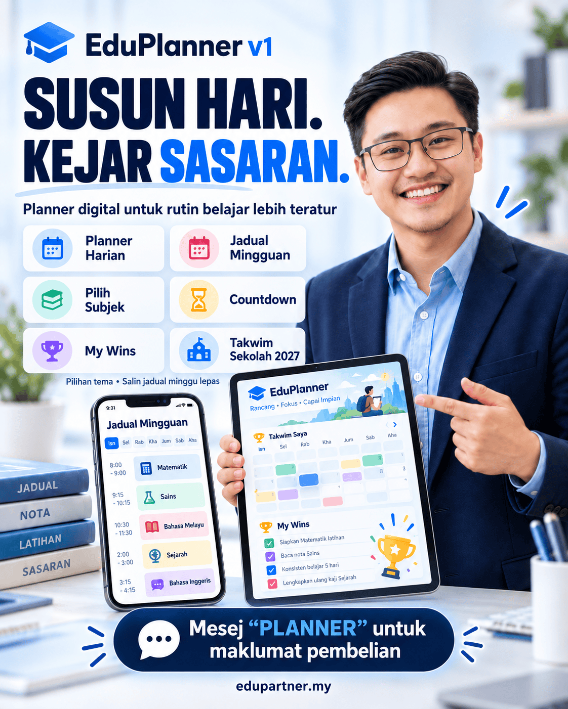 Young man using Edupartner digital planner for study organization.