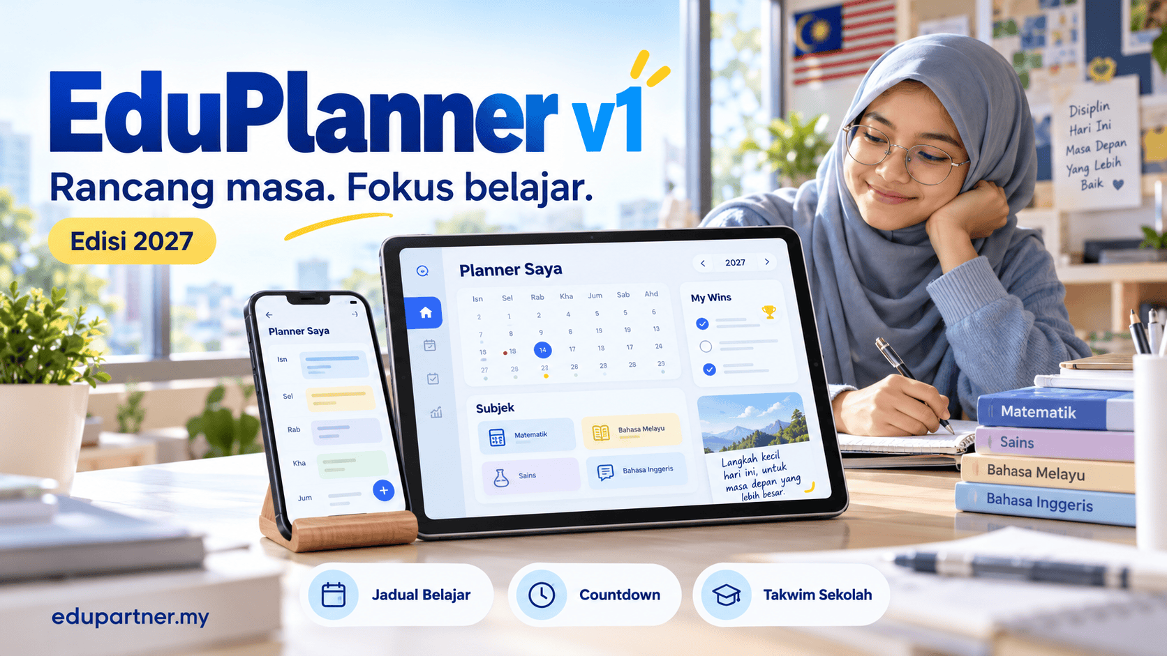 Young woman using EduPlanner app for study schedule planning.