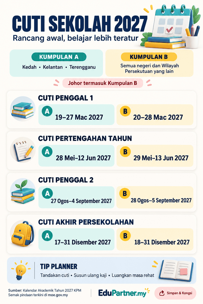 Infografik jadual cuti sekolah 2027 KPM bagi Kumpulan A dan Kumpulan B.