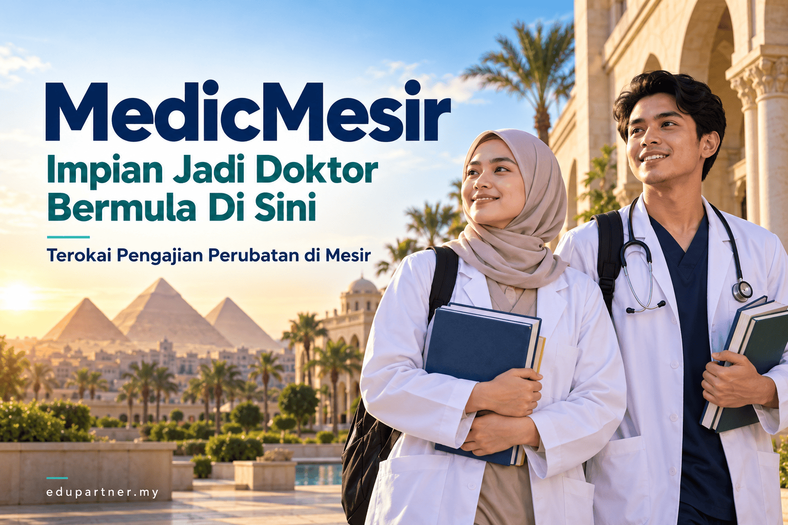 Students in medical attire with Egyptian landmarks in background.