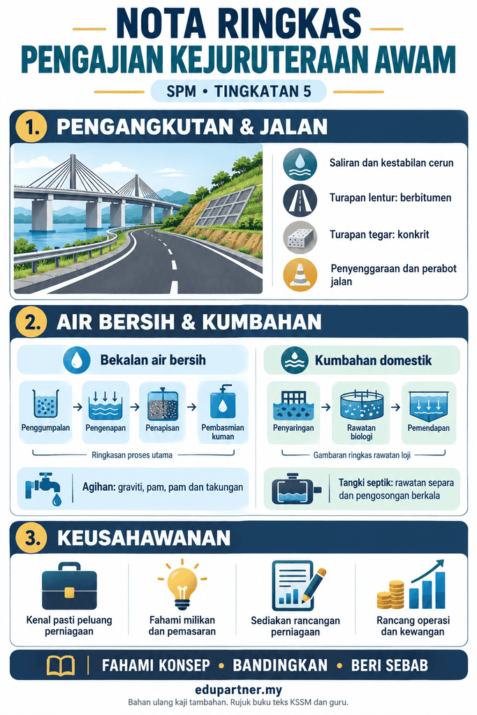 Infografik nota ringkas Pengajian Kejuruteraan Awam Tingkatan 5 SPM merangkumi jalan raya, bekalan air bersih, kumbahan domestik dan keusahawanan.