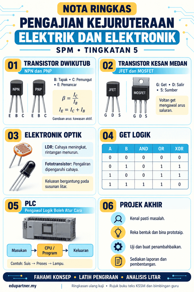 Infografik nota ringkas Pengajian Kejuruteraan Elektrik dan Elektronik SPM Tingkatan 5 merangkumi transistor, elektronik optik, get logik, PLC dan projek akhir.