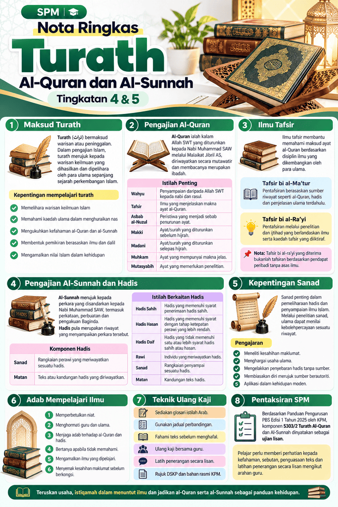 Infografik Nota Ringkas Turath Al-Quran dan Al-Sunnah SPM Tingkatan 4 dan 5.