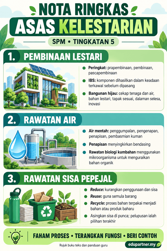 Infografik nota ringkas Asas Kelestarian SPM Tingkatan 5 merangkumi pembinaan lestari, rawatan air dan rawatan sisa pepejal.