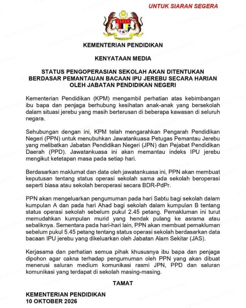 Official media statement on school operation status and air quality monitoring.